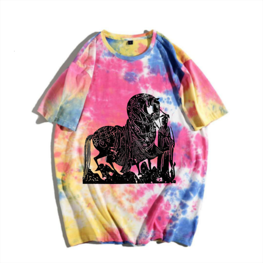 China-Chic New Chinese Style Horse and Car Diagram Tie Dyed Short Sleeve T-shirt Rainbow Gradual Change Vintage Print Men's Summer Versatile Top