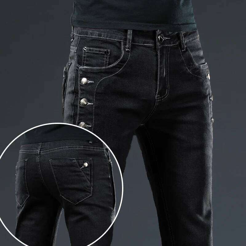 Classic Slim Vintage Men's Designer Jeans Snowflake Grey Wash Korean Fashion Stretch Pants Multi-button Denim Trousers 26Y0312
