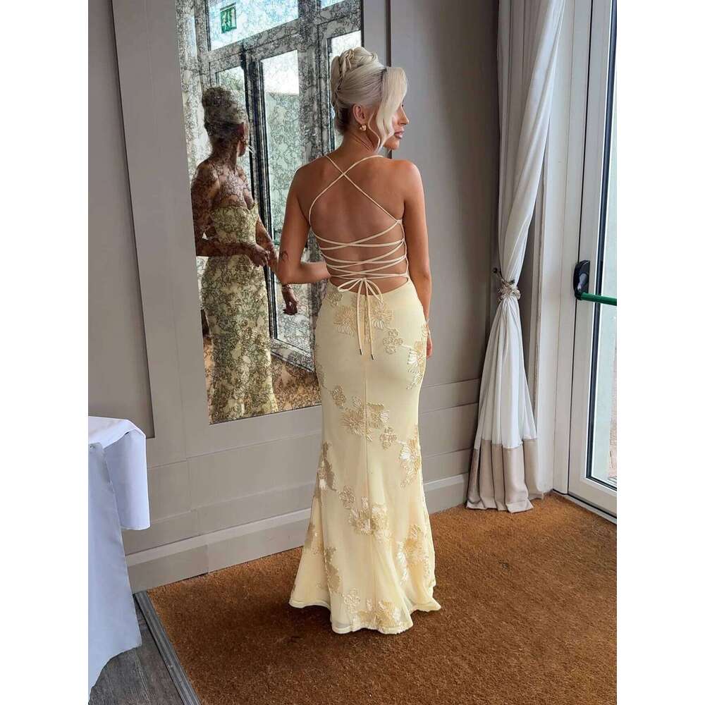 Mingmingxi Women Maxi Backless Sexy 3D Floral Embroidery Mermaid Gown Yellow Formal gala Prom Party Dress Long C260312