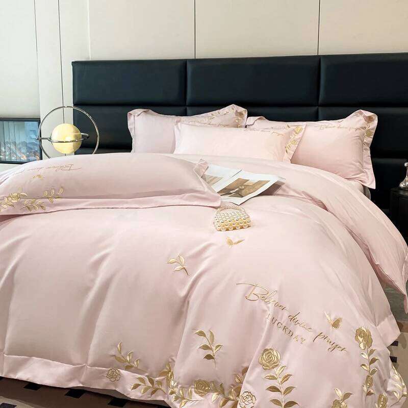 Golden Flowers Sea Embroidery Bedding Set Beige Cotton Duvet Cover Flat or Fitted Bed Sheet Pillowcases Solid Color H260312