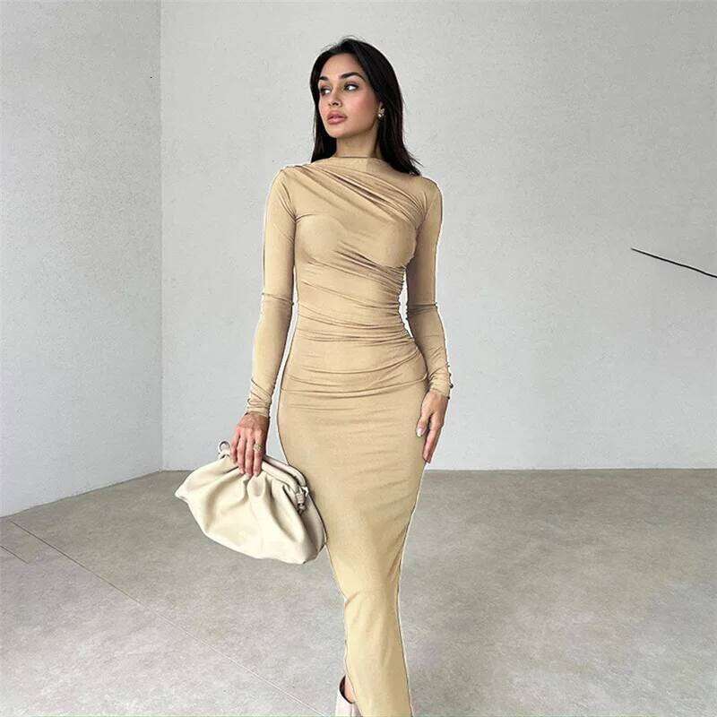 Cryptographic Autumn Elegant Ruched Long Bodycon Dress Fashion Outfits for Women Club Party Sexy Dresses Birthday Robes C260312