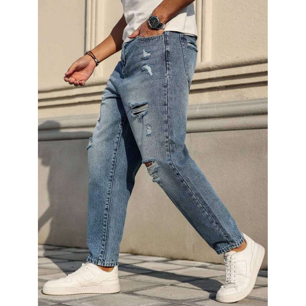 Men's blue ripped jeans, retro distressed beggar pants, street trend loose harem pants