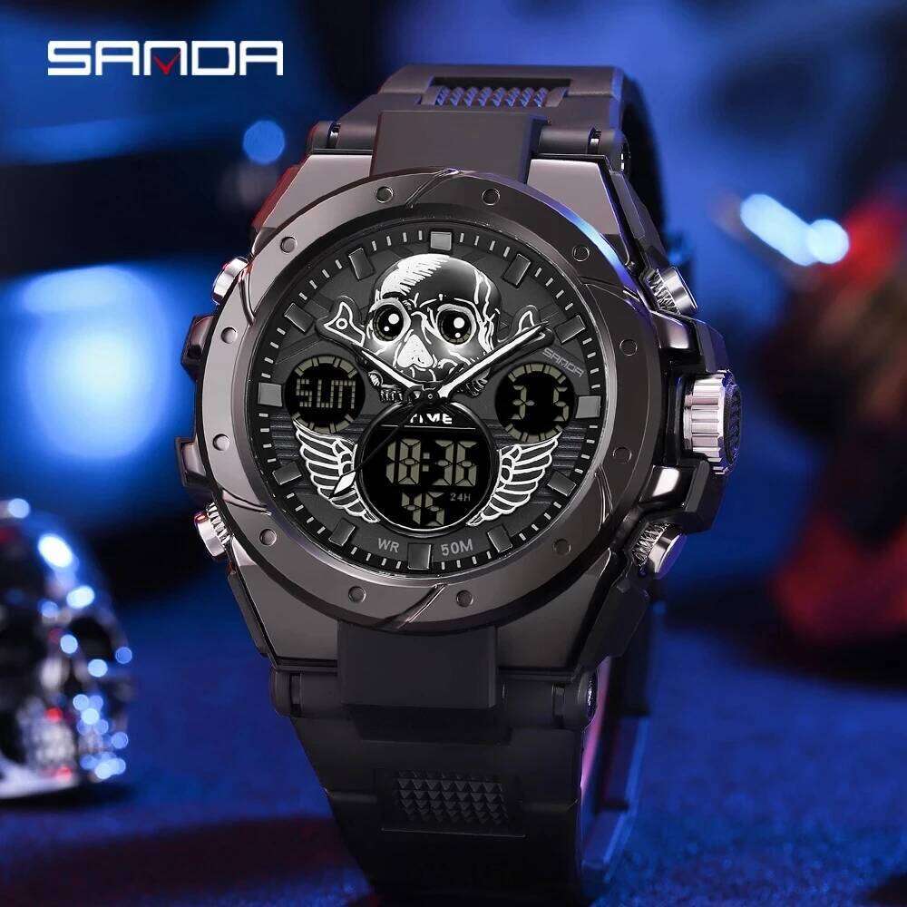 SANDA Top Brand 6087 Military Sports Dual Display Waterproof LED Men's Skull Electronic Watch