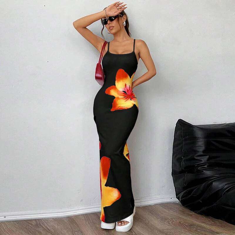Women Summer Spaghetti Strap Casual Floral Print Bodycon Party Dress for Vacation Cocktail Beach Streetwear C260312