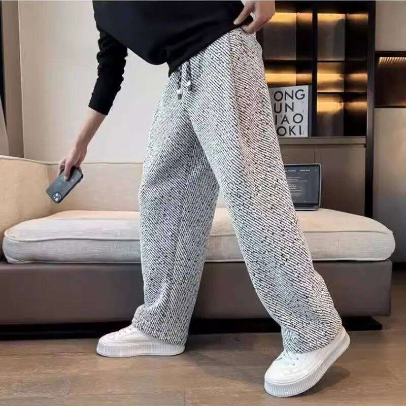 Autumn Winter Loose Men's Sherpa Fabric Straight Pants Man Fashion Thick Pockets Trousers Solid Color Male Clothes