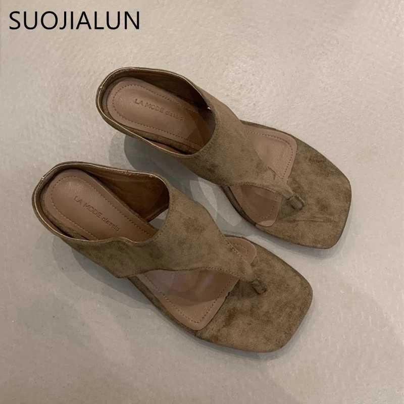 SUOJIALUN 2025 Summer New Women Flat Shoes Fashion Square Toe Slip On Flip Flop Shoes Thin High Heel Outdoor Dress Sandal Slides K260312