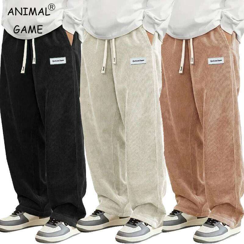 New Mens Corduroy Casual Fashion Loose Fit Baggy Pants Straight Sweatpants Elastic Waist Drawstring Outdoor Streetwear