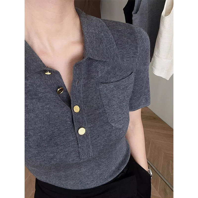 French-style Polo Collar Gray Polo Shirt Knit Top For Women Designer Designer Shirt Hoodie Summer Short Style High-end And Elegant Ice Silk Regular Sh