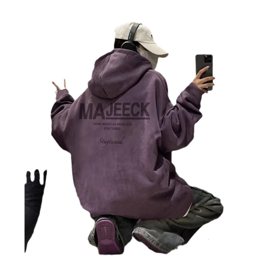 Pink Suede Hooded Sweatshirt For Men Spring And Autumn Trendy Designer Hoodie Brand Ins Heavyweight Cool Couple Loose Plus Size Casual Jacket