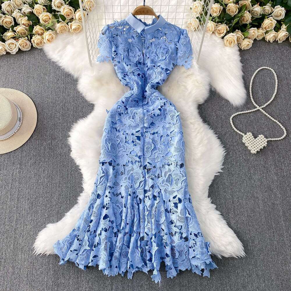 2026 a22 elegant and exquisite lace short sleeved stand up collar women's summer new slim fit waist cinched mermaid dress