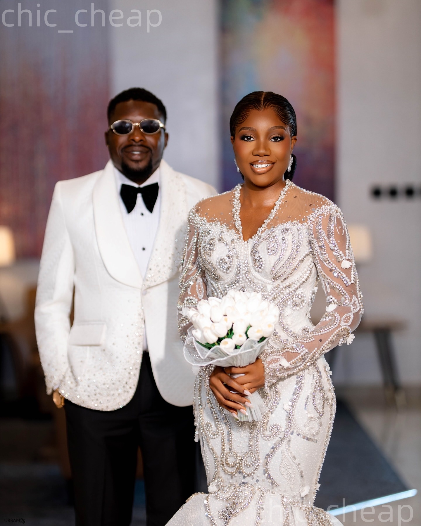 African Aso Ebi 2026 Ivory Mermaid Wedding Dress Crystals V-neck Full Sleeves Pearls Sequined Lace Luxurious Sparkly Bridal Gowns Dresses ZJ2387