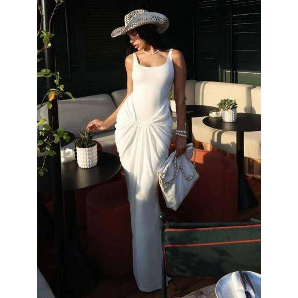 kliou Women High Street Classic Maxi Dress Solid Pleated Full Sleeve U-neck Body-shaping Robe Lady Elegant Simple Frock C260312
