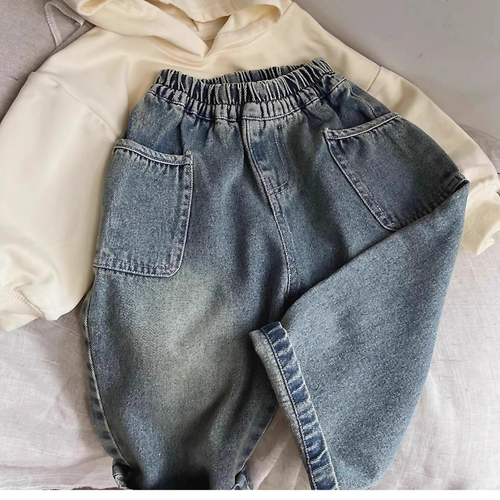 Spring Autumn Kid Boys Denim Pants Side Pocket Polished White Children Elastic Waist Casual Baby Trousers 260311