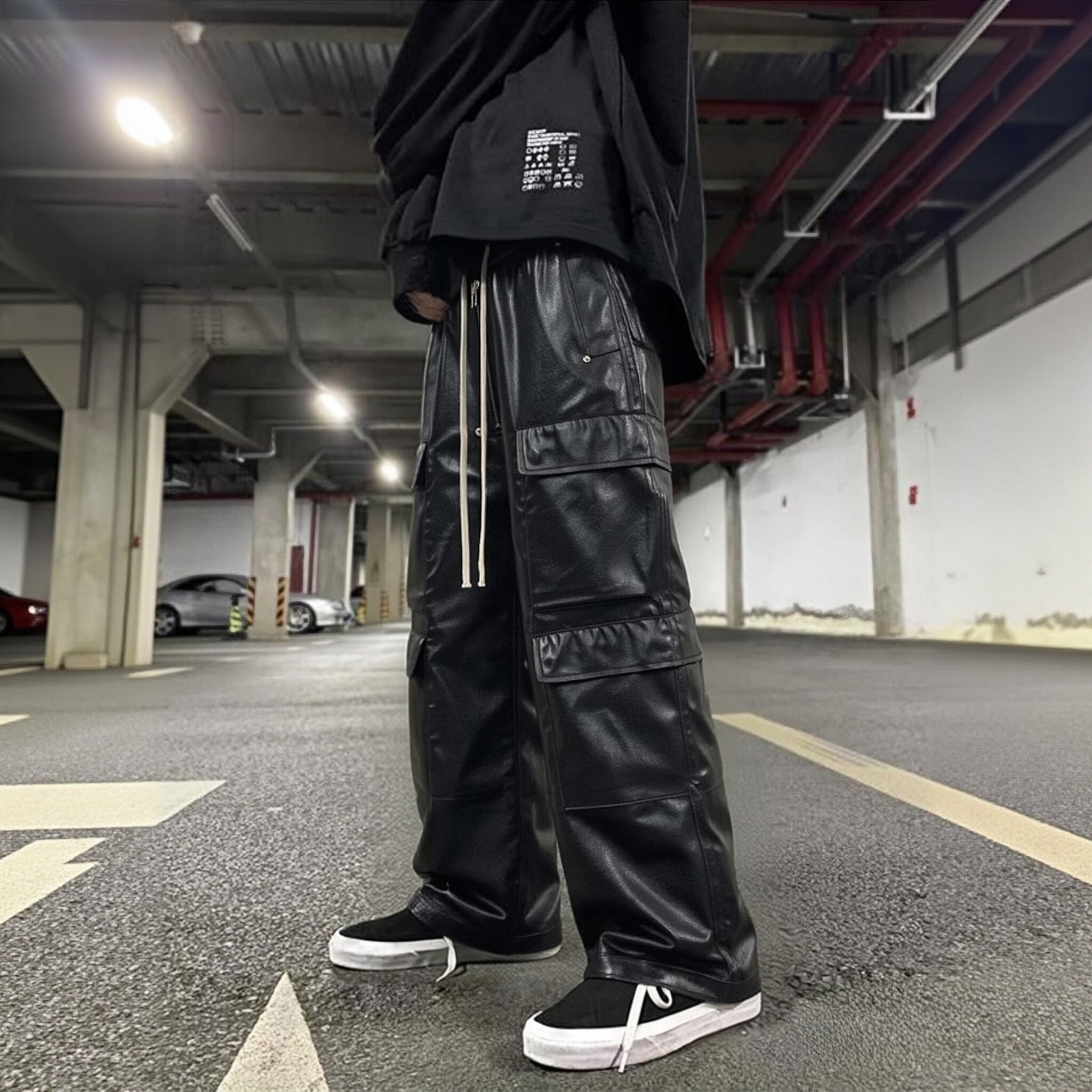 Men's Summer High Street RO Style Black Cargo Shorts Loose Casual Drawstring Waist Multi-Pocket Wide Leg Streetwear Short Pants Male