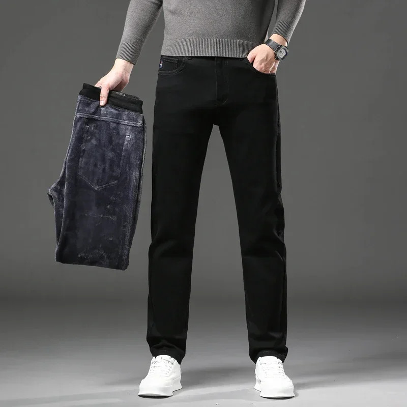 Winter Mens Fleece Jeans Straight Slim Stretch Fashion Business Denim Pants Thickened Warm Male Plush Trousers Clothes 260228