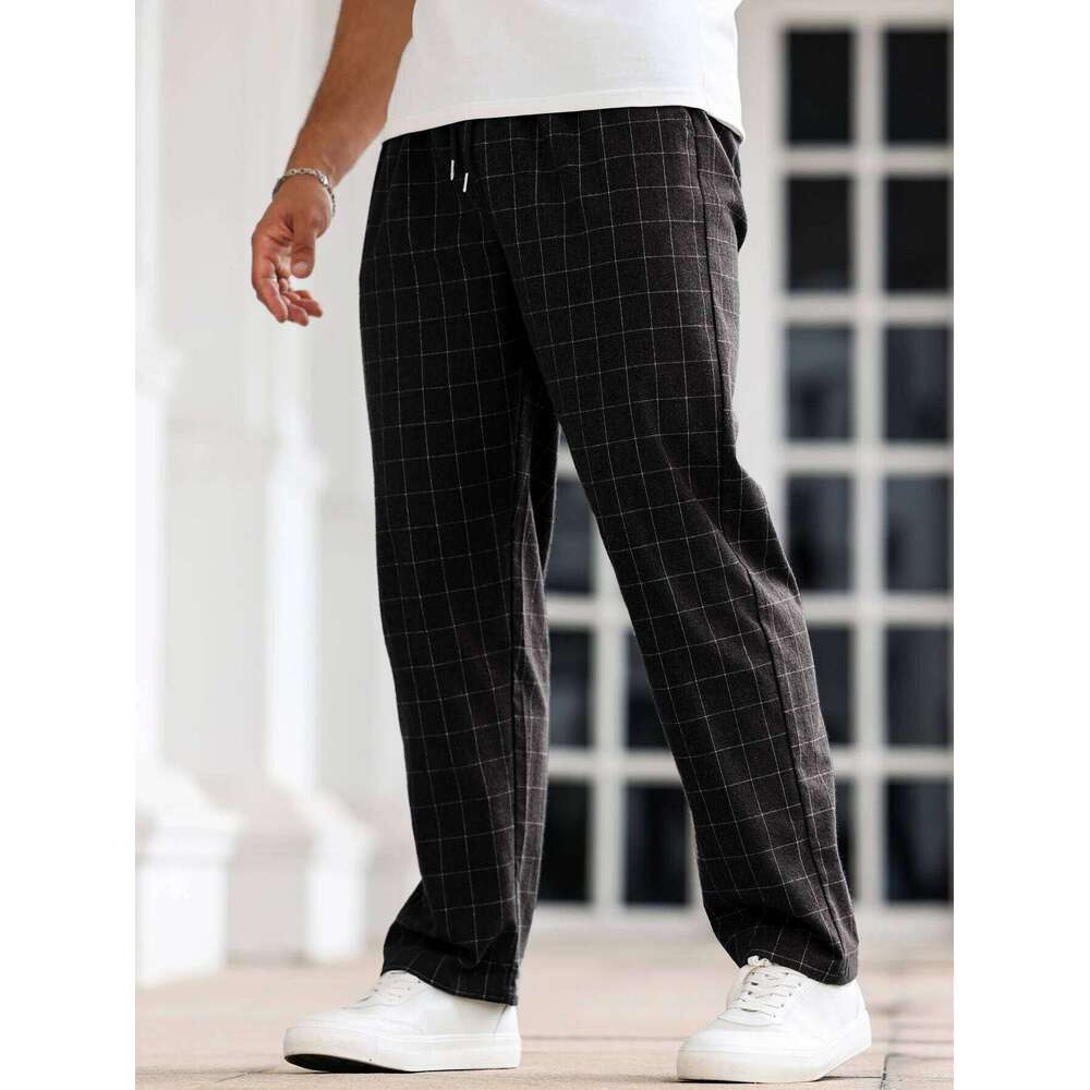 Mens Plaid Pants Solid Color Casual Straight-Leg Trousers Slim Fit Versatile Daily Home Pajamas for Travel And Holidays