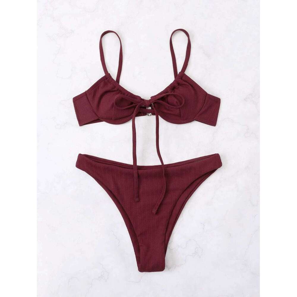 2025 Push Up Bikini Women Rib Tie Front Swimsuit Sexy Underwire Swimwear Female Bathers Bathing Swimming Suit Summer Beachwear Y260303