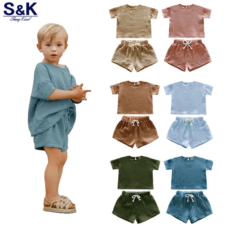 2026 Summer Kids 100 Cotton Shorts Sets Breathable Short Sleeve Outfits for Toddler Boys Girls Children Clothes 18years 260311