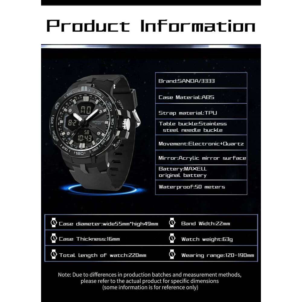SANDA 3333 Student Fashion LED Electronic Multifunction Watches 50M Waterproof Night Light Sport Digital Chronograph Men Watche