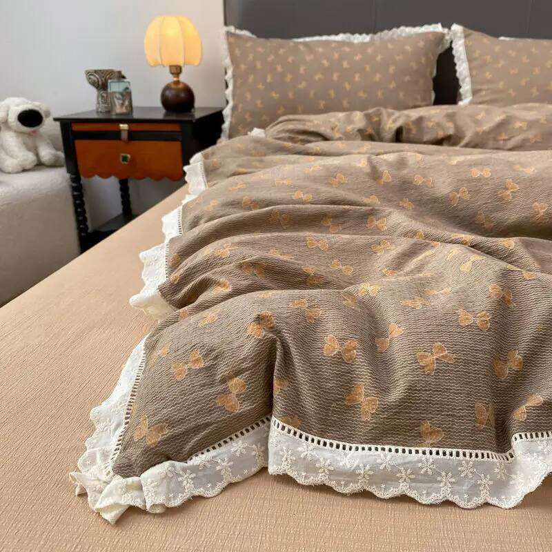 INS French Lace Trim Bowknot Double Layer Gauze Quilt Cover Four-Piece Set Simple Bed Fitted Sheet Dormitory Three-Piece H260312