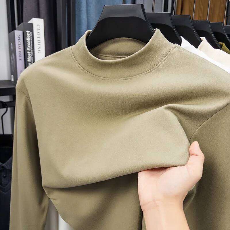 2025 New Men's Casual Solid Color High Collar Velvet Long Sleeve T-shirt Spring and Autumn Versatile Comfortable Top