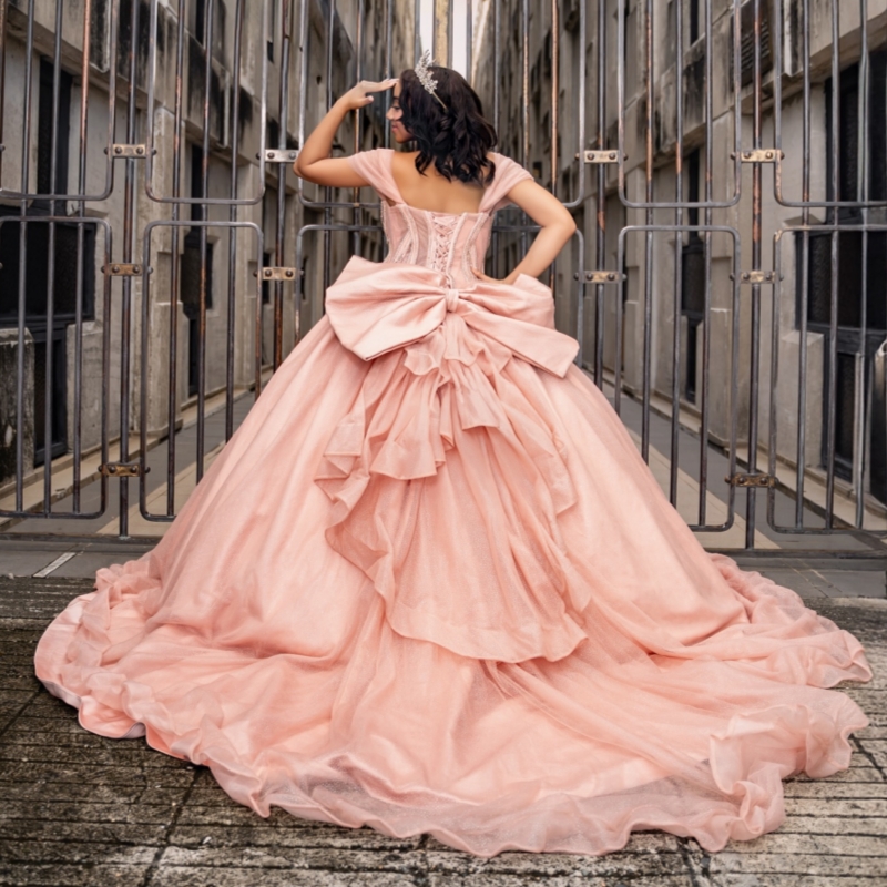 Pink Shiny Ball Gown Quinceanera Dresses 2026 Beading Bow Tull Corset Off Shoulder Sweet 16 Dress Vestidos De 15 Anos