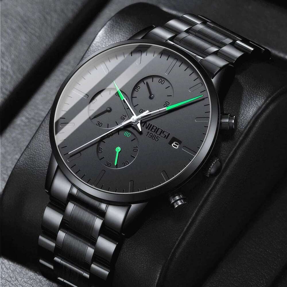 NIBOSI Men's Analog Minimalist Black Dial for Men Business Chronograph Military Stainless Steel Wrist Watches