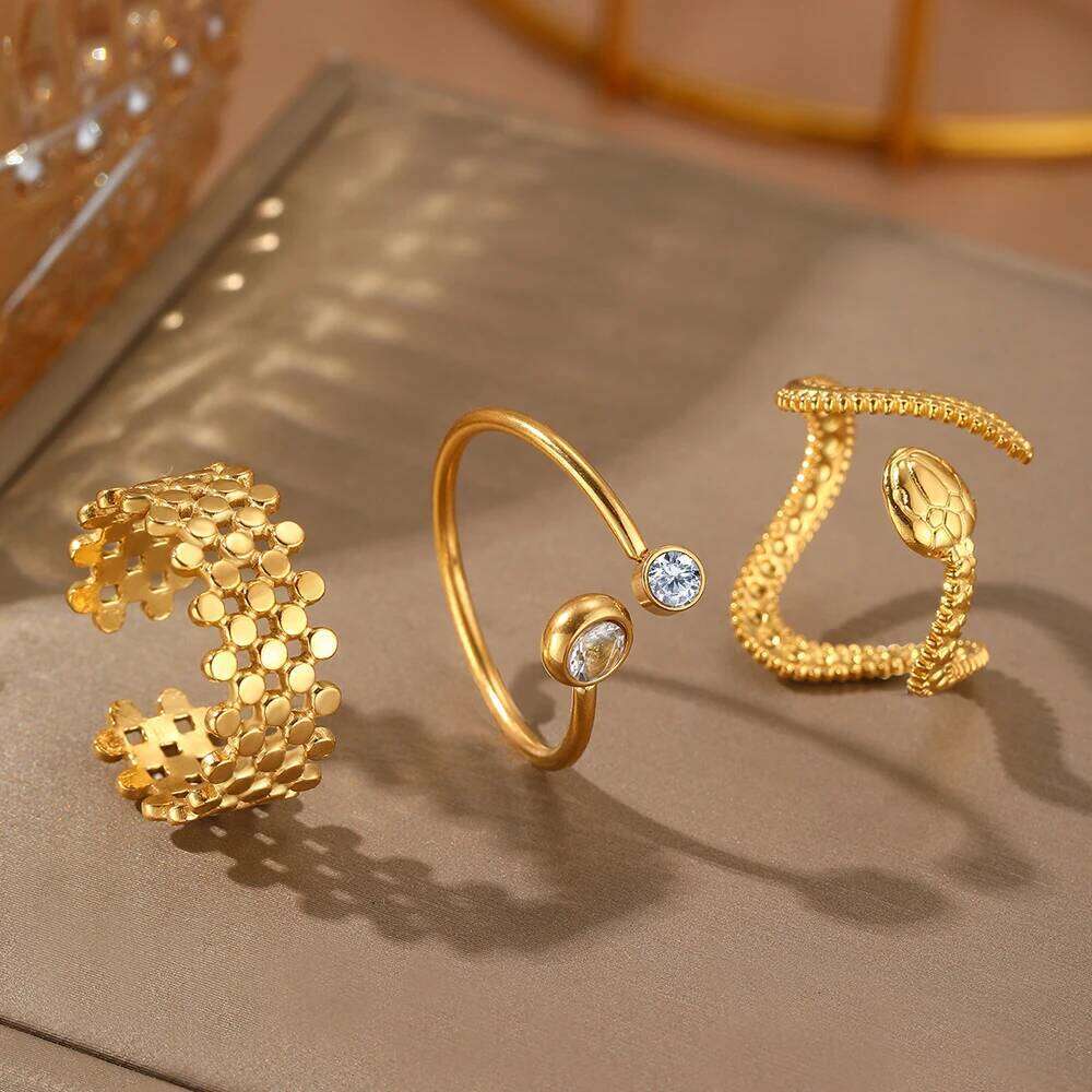 DGIDDK Stainless Steel Geometric Hollowing Design Open Snake Ring 3 Piece Set Women Simple Fashion Adjustable Finger Jewelr H260312
