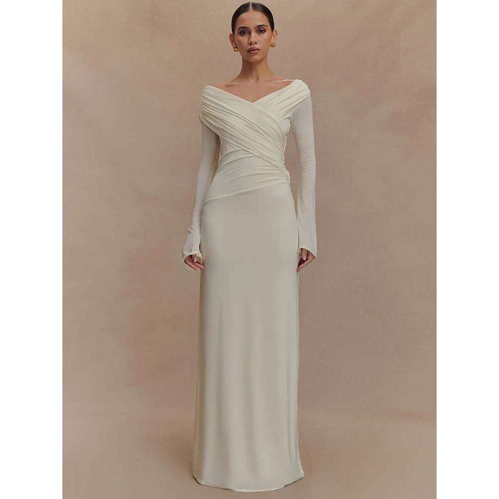Mozision Autumn V Neck Sleeve Sexy Maxi Dress For Women Gown Fashion Solid High Waist Ruched Bodycon Club Long Dresses C260312