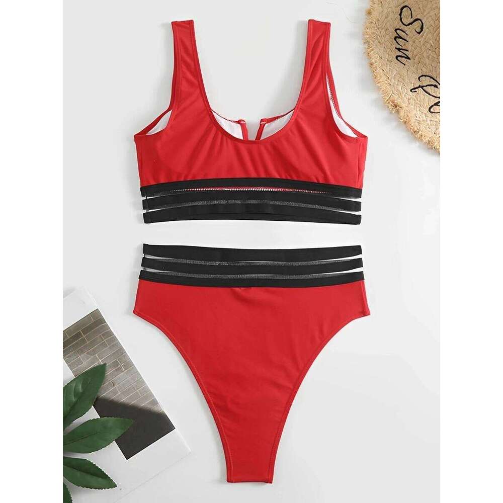2025 Sexy V Wire Swimsuit Women Solid High Waist Bikini Black Mesh Trim Swimwear Female Padded Bathing Suit Swimming Beachwear Y260303