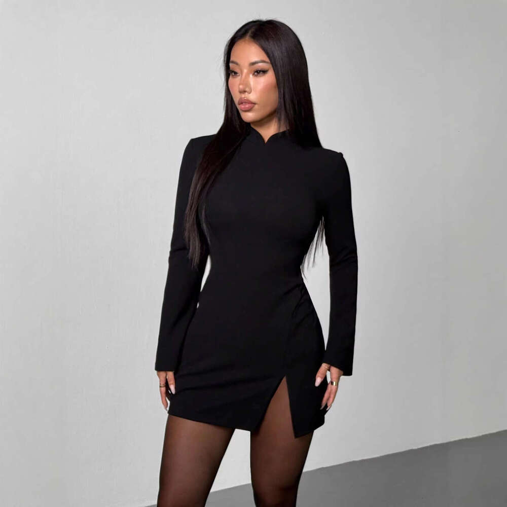 2026 Spring New European and American Style Women's Dress, Elegant, Sexy, Slim-Fit, Basic, Slit, Half-High Collar Dress for Women