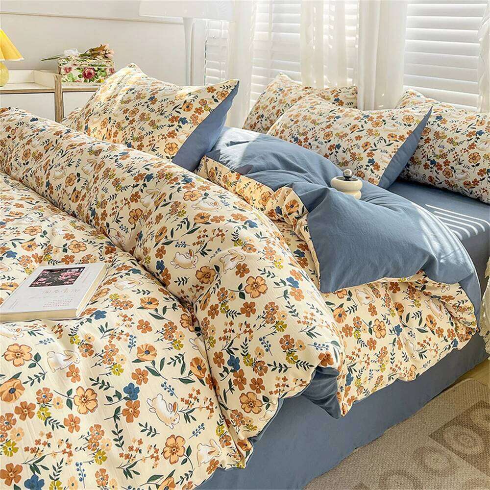 Four-piece Bedding Set Simple Duvet Cover Plant Flower Bed Sheet Adults and Kids Washed Cotton Pillowcase Home Textiles H260312
