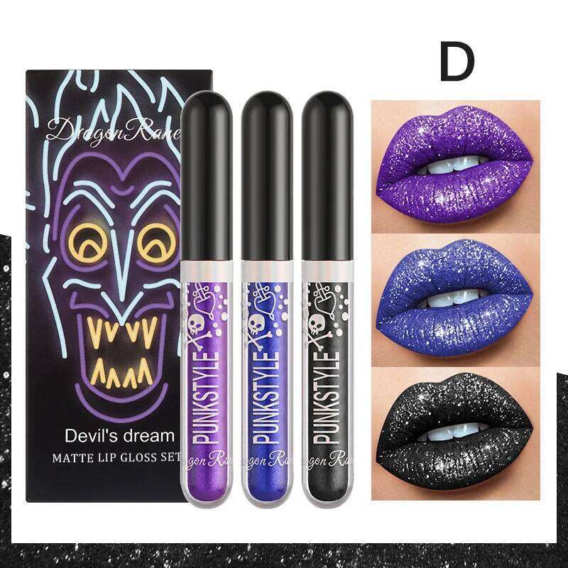 Halloween Gloss Set, 3-Piece Non-Stick Shiny Lipstick, Glittery Purple and Black Lip Colors, Long-Lasting, Non-Transfer W260311