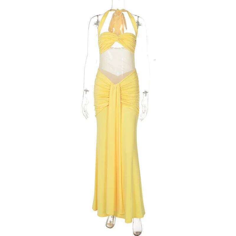 Sexy Strapless Halter Long Fashion Bandage Mesh Splice Autumn New Streetwear Evening Party Women's Dress C260311