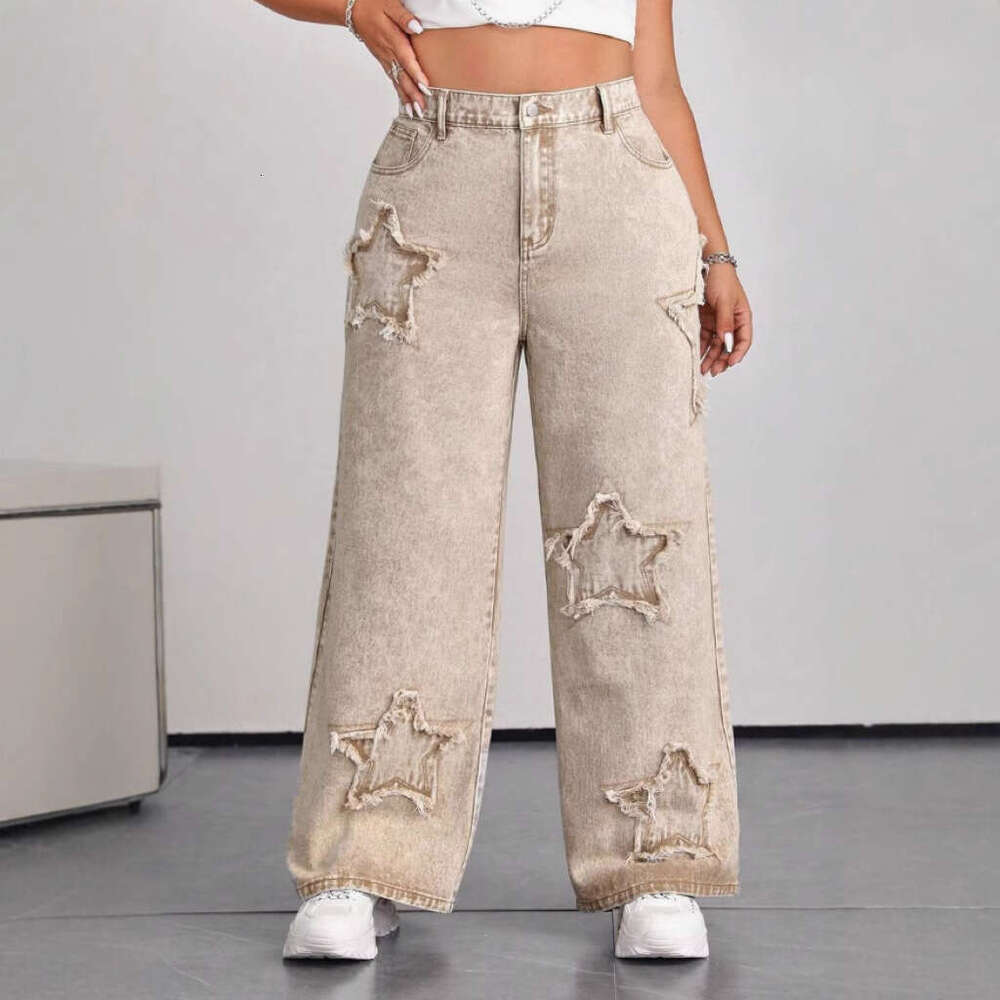 Women'S Denim Wide-Leg Jeans, Embroidered Star Details, Raw Edges, Straight-Leg Jeans, Non-Stretch Denim With Slant Pockets
