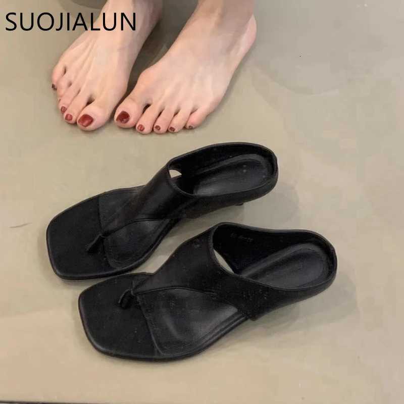 SUOJIALUN 2025 Summer New Women Flat Shoes Fashion Square Toe Slip On Flip Flop Shoes Thin High Heel Outdoor Dress Sandal Slides K260312