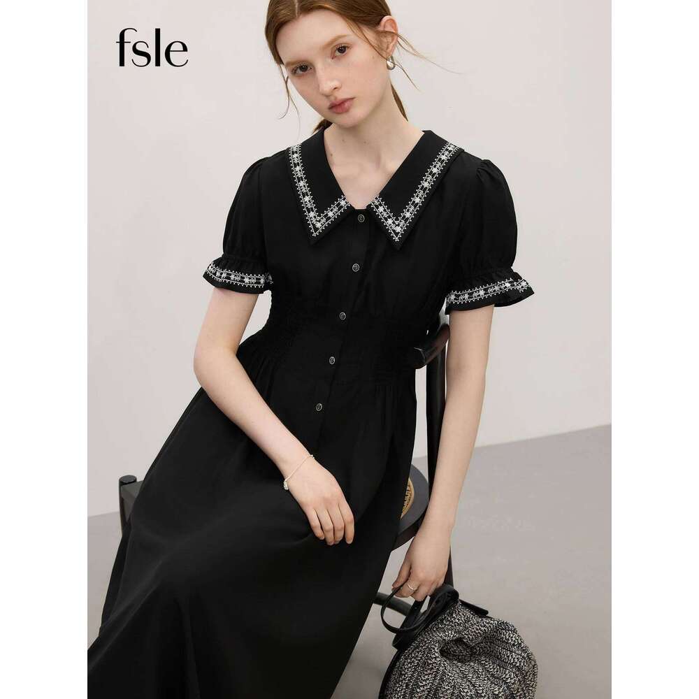 FSLE Linen Elegant Commuting French Audrey Hepburn Style Women's Summer Short Sleeve Little Black Dress 25FS12841 C260312