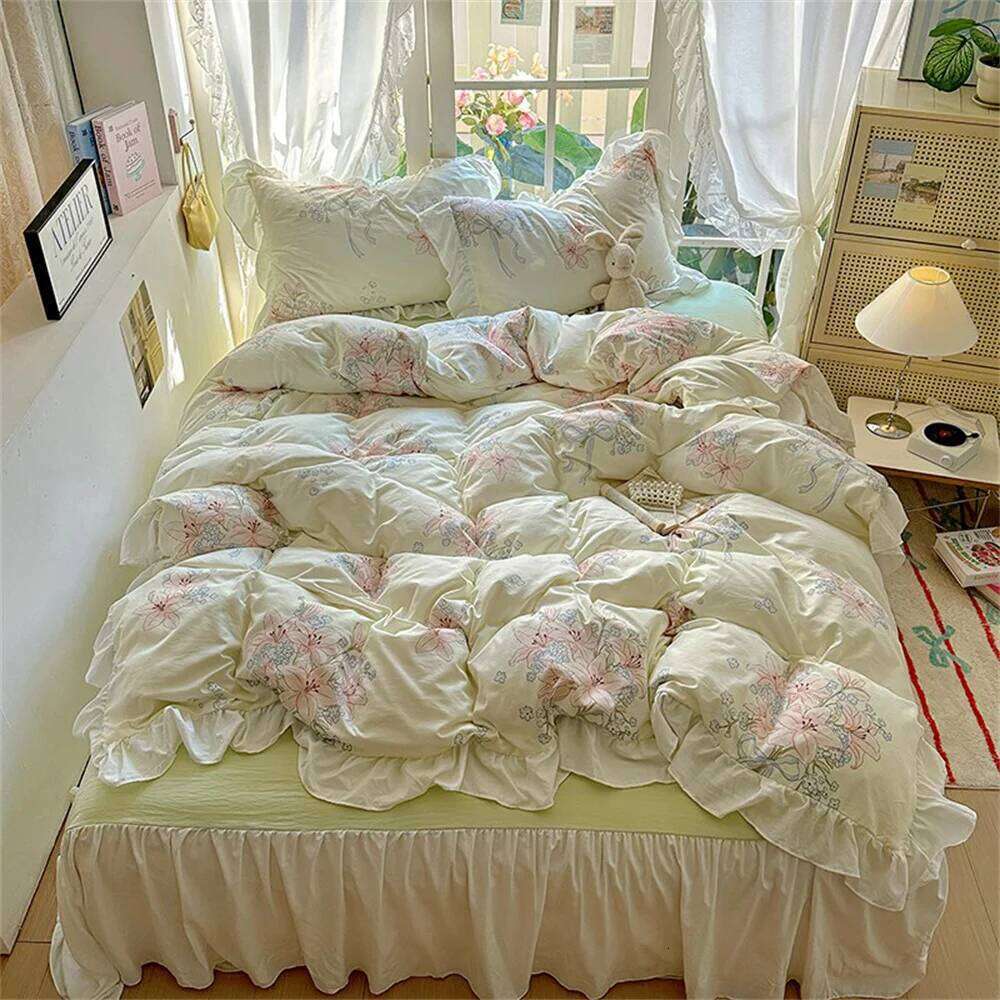 French Style Cute Girl Heart Four Set, Washed Cotton Bed Sheet Hat Student Duvet Cover Three Piece Set H260312