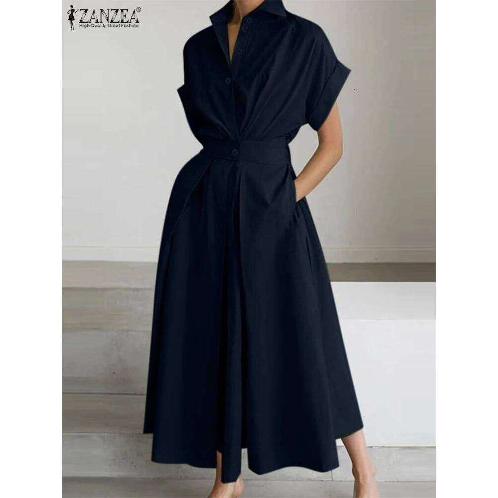 ZANZEA Women Summer Dress Elegant Short Sleeve Work OL Sundress Casual Solid A Line Buttons Holiday Vestidos Kaftan Robe Femme C260312