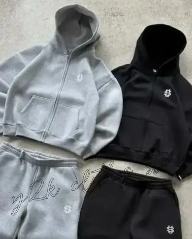 American high street Dollar men sportswear set Y2K oversized casual fashion hoodie trendy top cotton padded jacket 260311