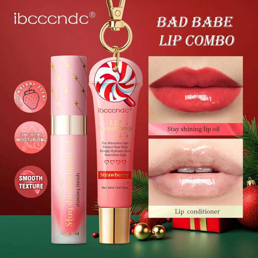 2pcs Bad Girl Glossy Set Strawberry Balm and Lip Gloss Combo Long-Lasting Hydrating Plump Lips Christmas W260311