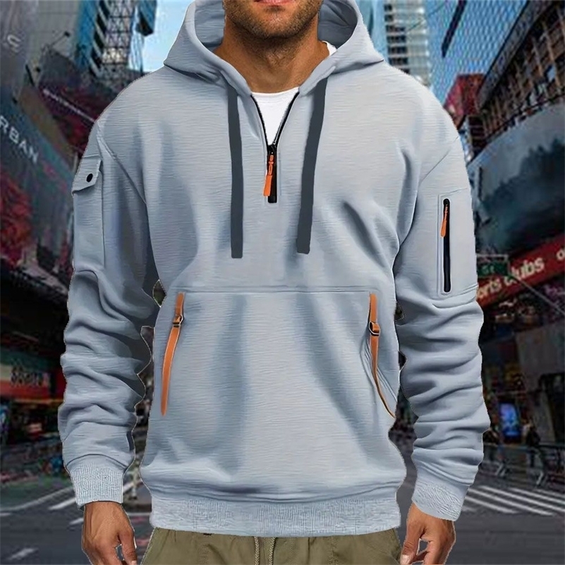 Mens Casual Sports Hoodie Spring Autumn Fashion Solid Color Long-Sleeved Pullover with Arm Pocket And Pull Rope plus Size 260227