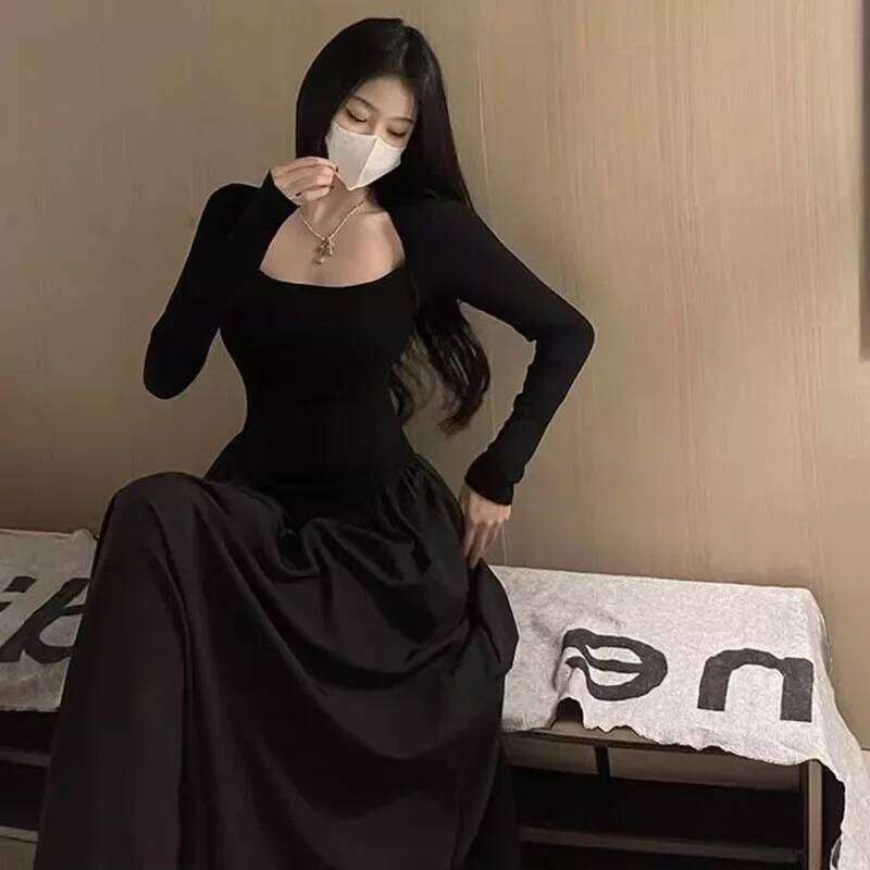 Korean Fashion High Waist Long Ladies Sexy Slim Low-Cut Square Collar Black Dresses Women Elegant Spliced A-Line Dress C260312