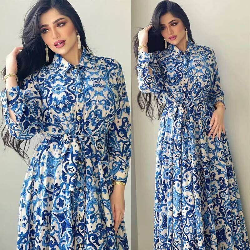 Women Fashion Elegant Printed A-line Shirt Dress, Casual Lapel Belted Large Swing Long Dress for Ladies