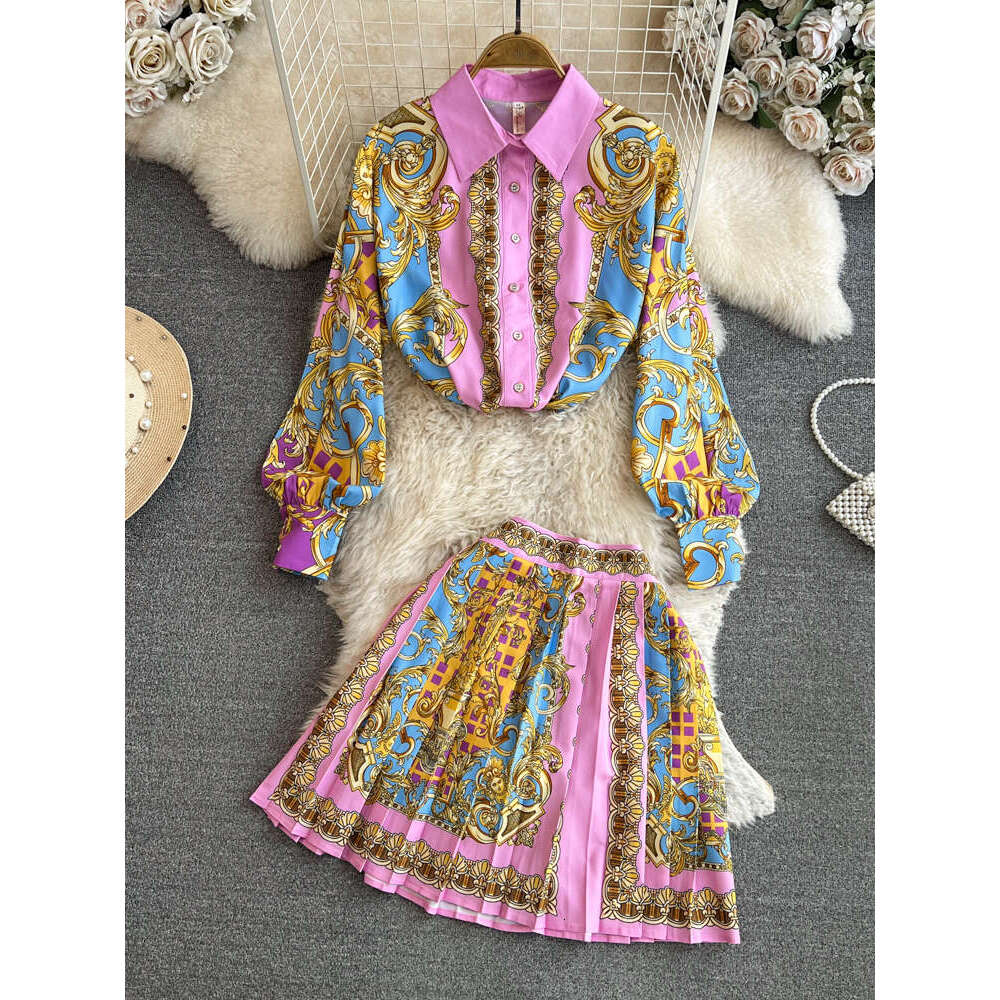 Women's Fashion Set Korean Elegant Long Sleeve Collar Single breasted Printed a20 Shirt Two Piece Set High Waist Skirt