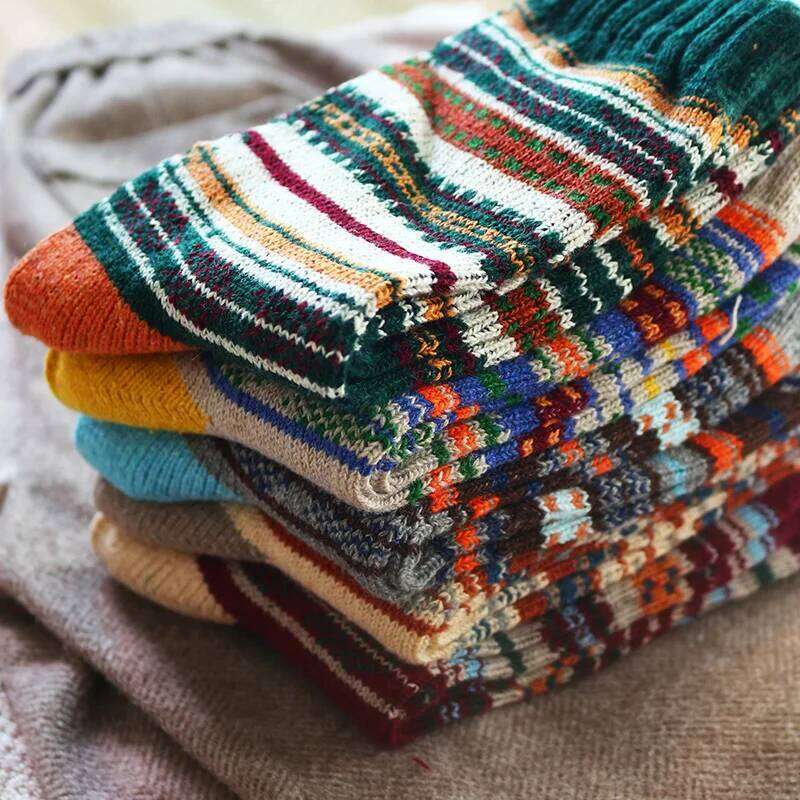 Winter New Men's Thick Warmth Harajuku Retro High Quality sStriped Fashion Wool Casual Socks 5 Pair Z260312
