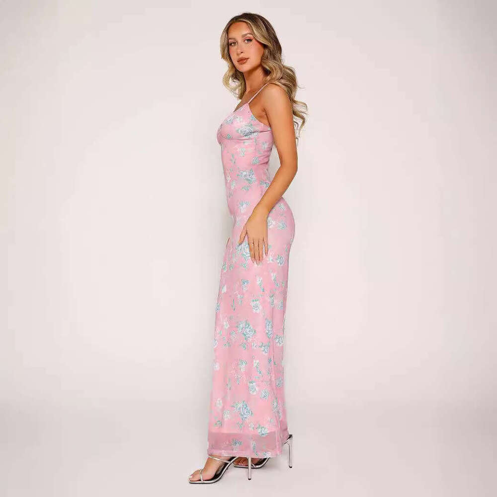 S32138 European and American New Long Vacation Style Elegant Slim Fit Printed Design Camisole Dress Women's Clothing