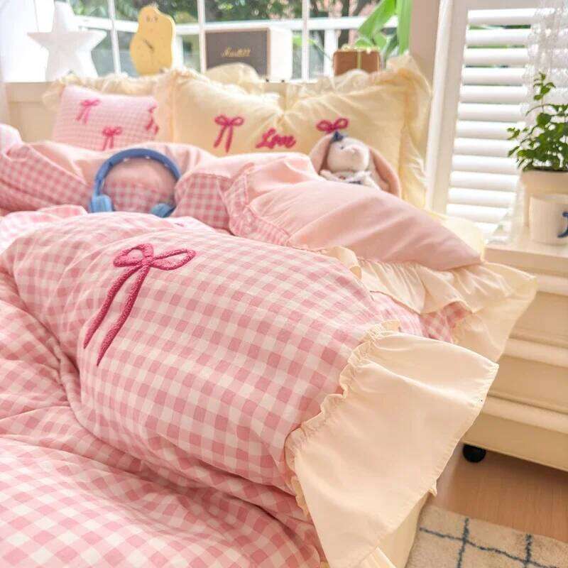 Classic Plaid Duvet Soft Lace Bedding Set, Bow Design Skin-friendly Quilt Cover, 2 Pillowcases with Different Patterns H260312