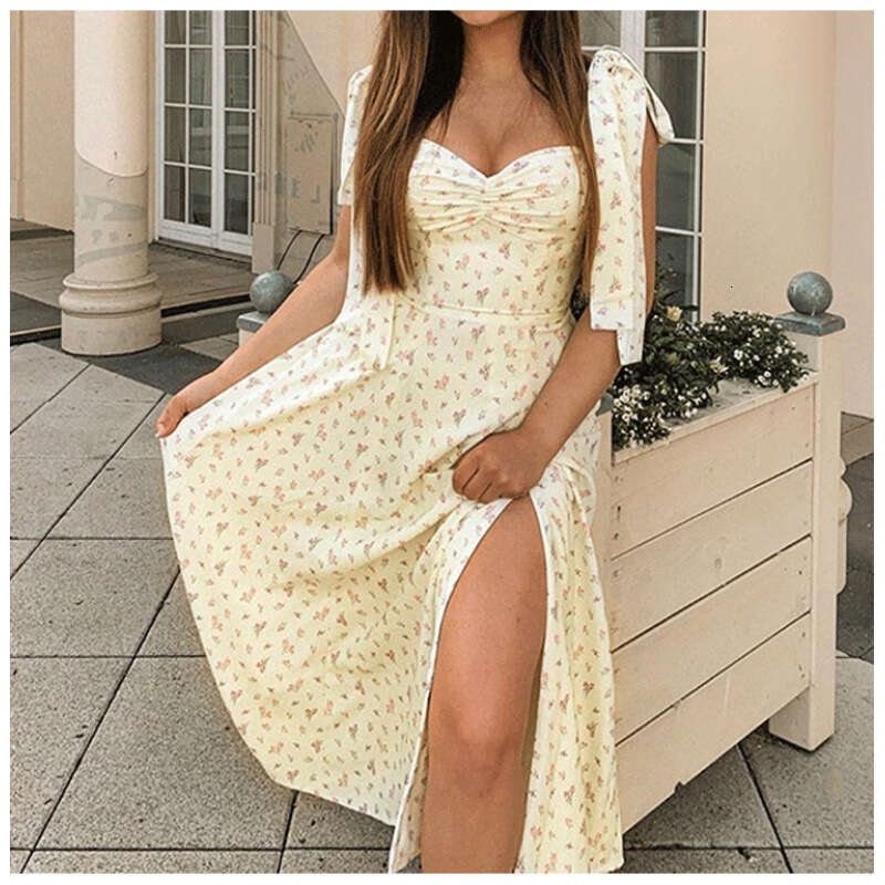 2025 New Women's European and American Summer V-neck Floral Print Backless Slit Slim Fit Dress