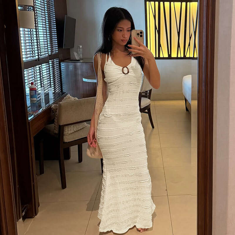 European American style 2025 summer new fashion sweet and elegant wave-patterned lace-up halter neck dress for women
